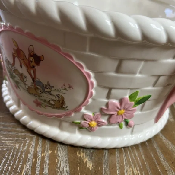 Walt Disney Bambi Thumper Bunny Rabbit Ceramic Weaved Easter Basket Pink Bows - Picture 9 of 10